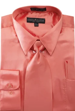 Satin Dress Shirt Convertible Cuff Regular Fit in Coral With Tie And Pocket Square