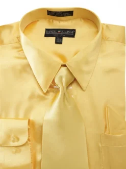 Satin Dress Shirt Convertible Cuff Regular Fit in Gold With Tie And Pocket Square