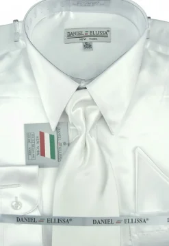 Satin Dress Shirt Convertible Cuff Regular Fit in White With Tie And Pocket Square