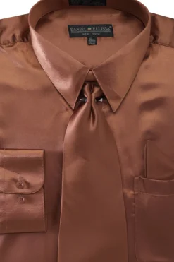 Satin Dress Shirt Convertible Cuff Regular Fit in Copper With Tie And Pocket Square