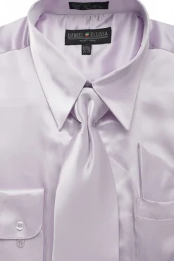 Satin Dress Shirt Convertible Cuff Regular Fit in Lilac With Tie And Pocket Square