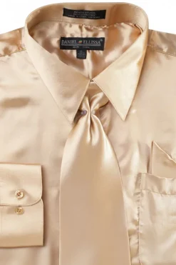 Satin Dress Shirt Convertible Cuff Regular Fit in Taupe With Tie And Pocket Square