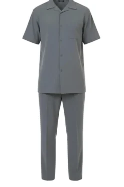 Short Sleeve Summer Walking Suit Set with Flexible Waist Pants - Gray