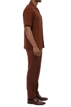 Short Sleeve Summer Walking Suit Set with Flexible Waist Pants - Maroon
