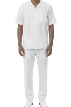 Short Sleeve Summer Walking Suit Set with Flexible Waist Pants - Off White