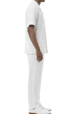 Short Sleeve Summer Walking Suit Set with Flexible Waist Pants - Off White