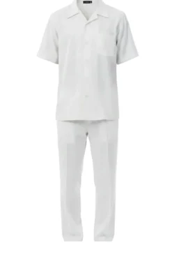 Short Sleeve Summer Walking Suit Set with Flexible Waist Pants - Off White