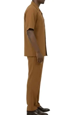 Short Sleeve Summer Walking Suit Set with Flexible Waist Pants - Taupe