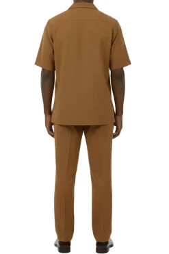 Short Sleeve Summer Walking Suit Set with Flexible Waist Pants - Taupe