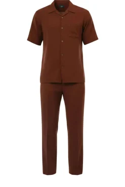 Short Sleeve Summer Walking Suit Set with Flexible Waist Pants - Maroon