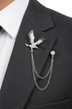 Silver American Eagle Rhinestone Diamonds Double Chain Brooch