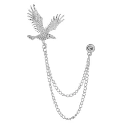 Silver American Eagle Rhinestone Diamonds Double Chain Brooch