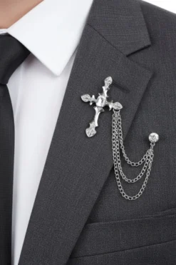 Silver Cross Pendant Diamond Rhinestone Triple Chain Brooch