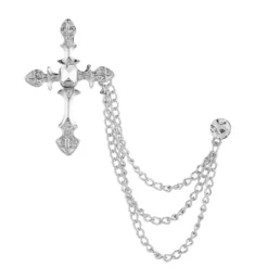 Silver Cross Pendant Diamond Rhinestone Triple Chain Brooch