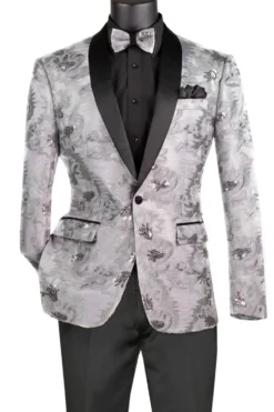 Silver Embroidery Slim Fit Jacket Shawl Lapel