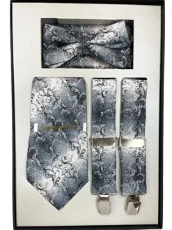 Silver Men's Accessory Box Bow Tie, Necktie, Pocket Square, Suspender 4 Piece Set