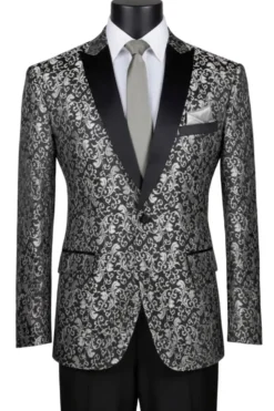 Silver Regular Fit Floral Pattern Jacket Peak Lapel