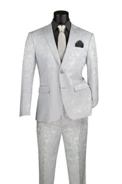 Silver Tone on Tone Paisley Pattern Slim Fit Men's 2 Piece Suit