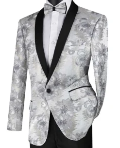 Silver Embroidery Slim Fit Jacket Shawl Lapel
