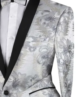 Silver Embroidery Slim Fit Jacket Shawl Lapel