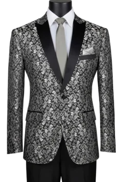 Silver Regular Fit Floral Pattern Jacket Peak Lapel