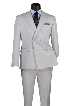 Silver Slim Fit Double Breasted 2 Piece Suit with Adjustable Waistband