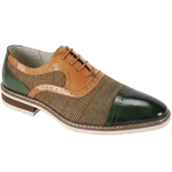Sinclair Collection - Olive/Tan Plaid Leather Cap-Toe Dress Shoes