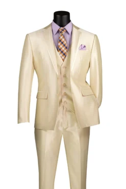 Slim Fit 3 Piece Satin Suit in Champagne Beige