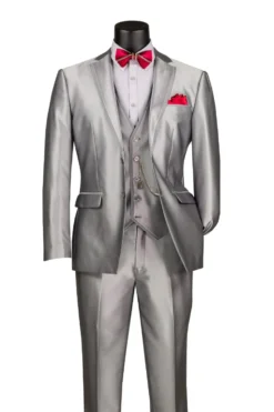 Slim Fit 3 Piece Satin Suit in Silver