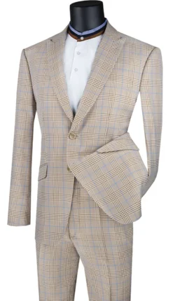 Slim Fit 2 Piece Suit Beige Glen Plaid Pattern Matching Pants