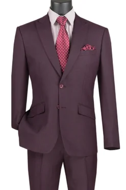 Slim Fit 2 Piece Suit Burgundy Glen Plaid Pattern Matching Pants