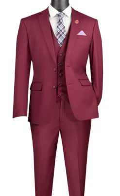 Slim Fit Business Men's Suit 3 Piece 2 Button in Burgundy