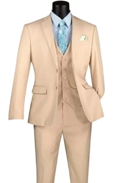 Slim Fit Men's Suit 3 Piece 2 Button in Light Beige