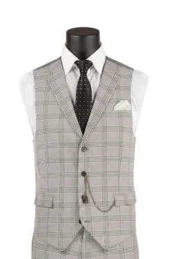 Slim Fit Suit Windowpane 3 Piece with Vest in Black/Gray