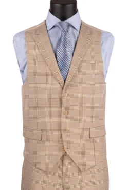 Slim Fit Suit Windowpane 3 Piece with Vest in Beige