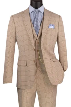 Slim Fit Suit Windowpane 3 Piece with Vest in Beige