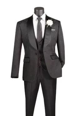 Slim Fit Tuxedo 3 Piece with Jacquard Pattern in Black