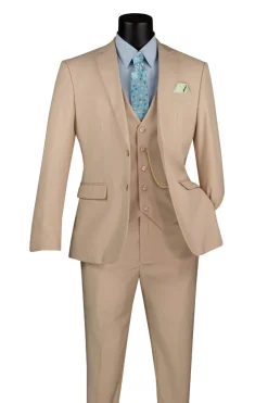 Slim Fit Business Men's Suit 3 Piece 2 Button in Stone