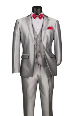 Slim Fit 3 Piece Satin Suit in Silver