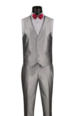 Slim Fit 3 Piece Satin Suit in Silver