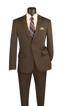 Slim Fit 2 Piece Suit Stretch Fabric Suit with Adjustable Waistband in Brown
