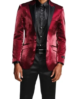 Slim Fit Shine Blazer 1 Button with Satin Peak Lapel in Burgundy