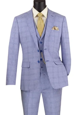Slim Fit Suit Windowpane 3 Piece with Vest in Sky Blue