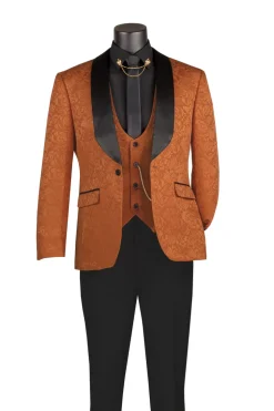 Slim Fit Tuxedo 3 Piece with Jacquard Pattern in Caramel