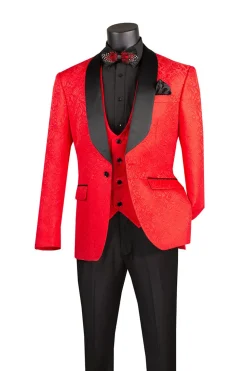 Slim Fit Tuxedo 3 Piece with Jacquard Pattern in Red