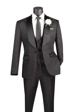 Slim Fit Tuxedo 3 Piece with Jacquard Pattern in Black