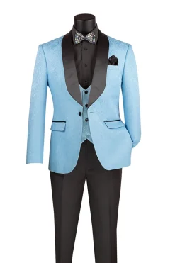Slim Fit Tuxedo 3 Piece with Jacquard Pattern in Light Blue
