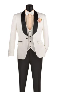 Slim Fit Tuxedo 3 Piece with Jacquard Pattern in White