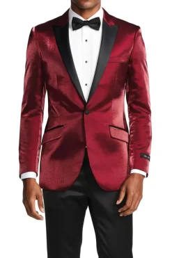 (S,L) Shiny Burgundy Slim Fit Blazer with Satin Peak Lapel