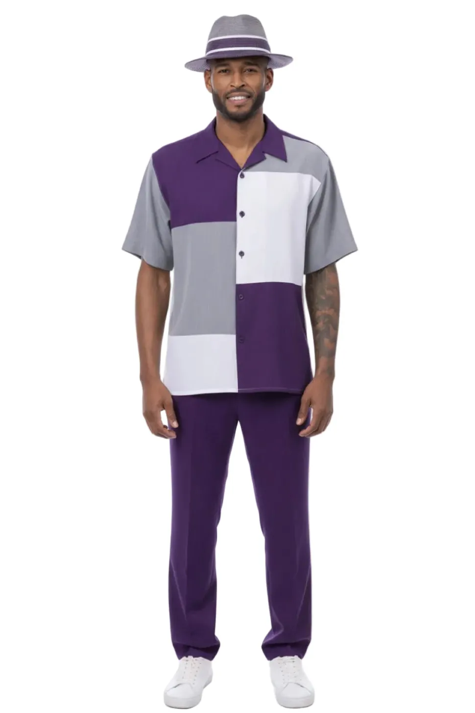 Solid Color Block Short Sleeve Walking Suit - Purple